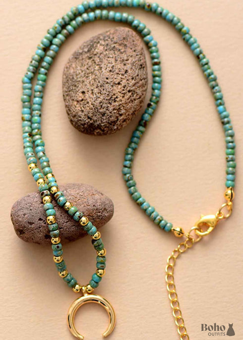 Boho Necklace, Seed Beads Gold Horn Evil Eye Heart Pendant